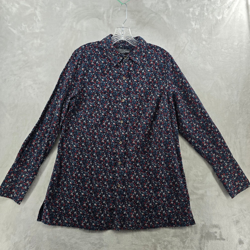 J. Peterman Women Large Button Down Shirt Navy Blue Floral Corduroy Long Sleeve